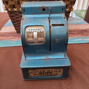 Vintage Uncle Sam's 3 Coin Register Bank Teal Blue Color